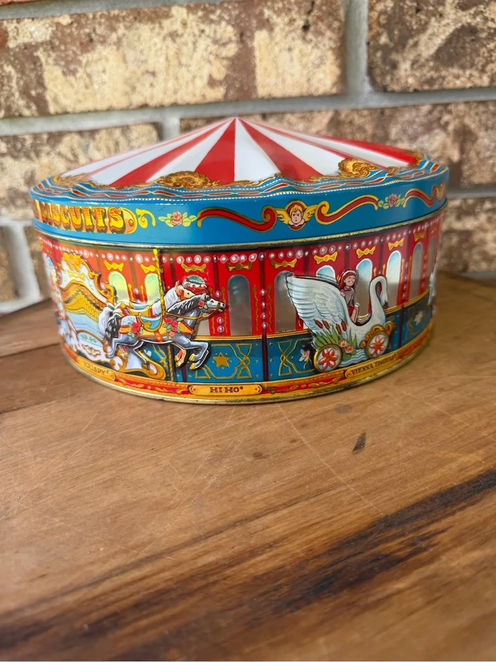 Vintage Large Merry Go Round Tin With 22 Cookie Cutters Lots of Oldies!